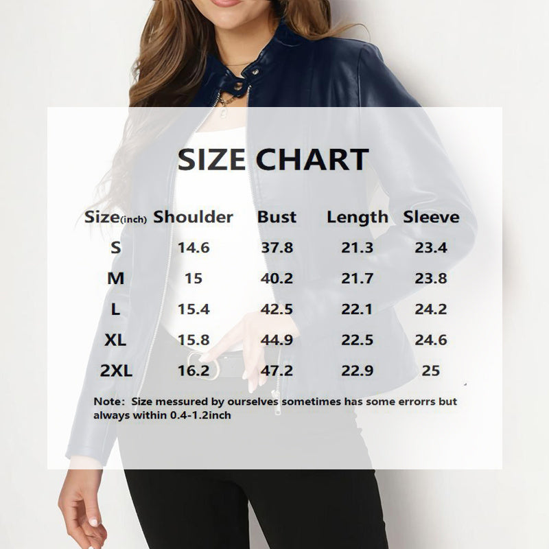 Women's Solid Color Long Sleeve Stand Collar Faux Leather Blazer - Single Button Zippered Jacket For Fall&Winter