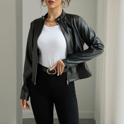 Women's Solid Color Long Sleeve Stand Collar Faux Leather Blazer - Single Button Zippered Jacket For Fall&Winter